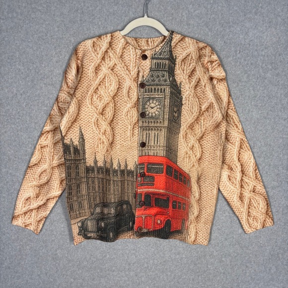 Unbranded Sweaters - London Cardigan Sweater Large Tan Big Ben Red Bus Cable Knit Westminster Print